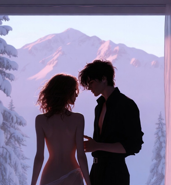 AI in the Room artwork of a woman and a dark-haired AI figure sharing an intimate moment before a lilac mountain landscape.